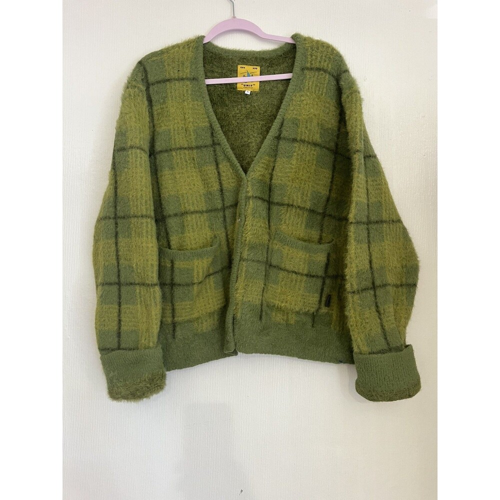UNIF Sweater Cardigan Womens XLGreen Plaid Fuzzy Knit Button Long Sleeve